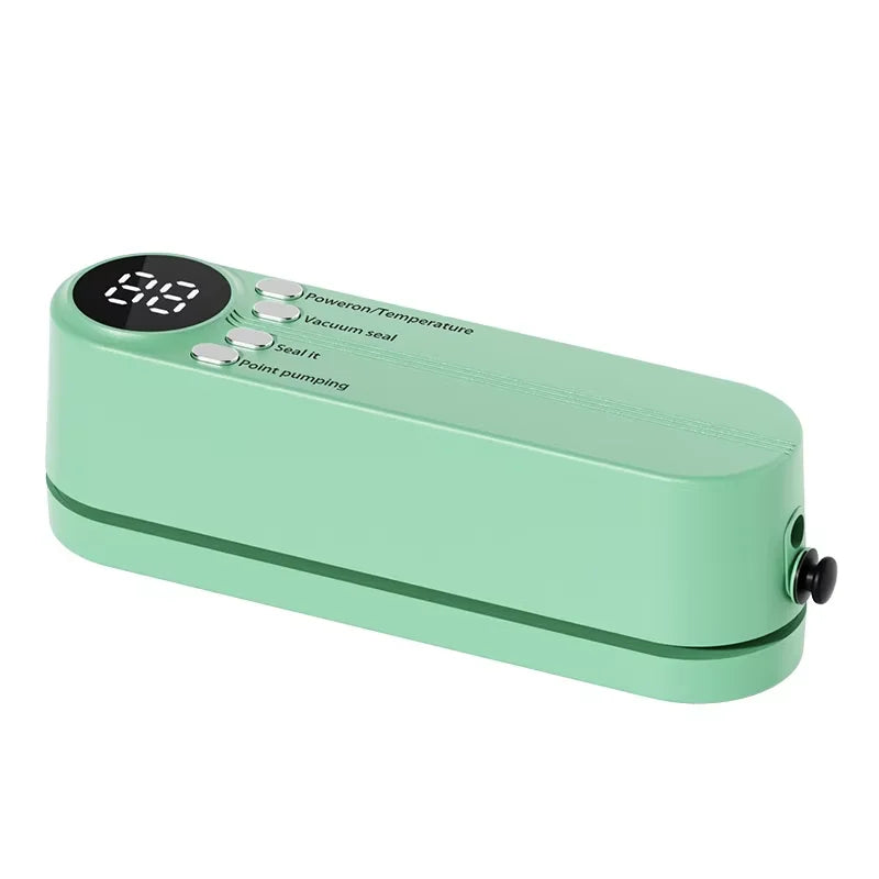 Green vacuum sealer device with digital display on a white background