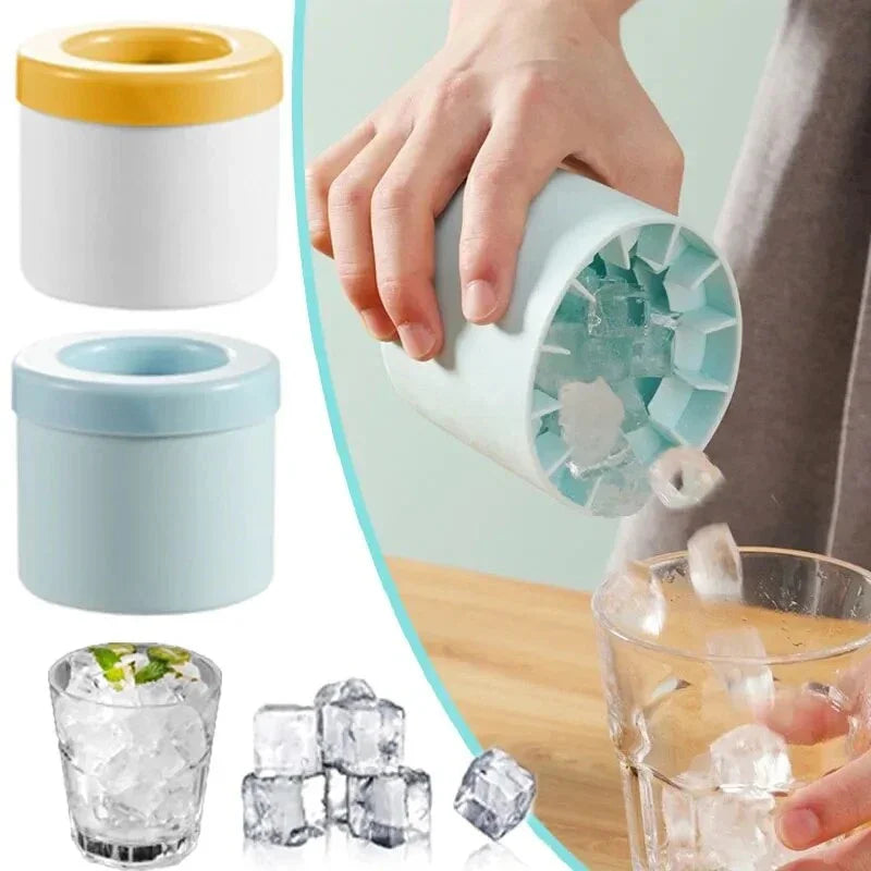 Ice cube tray with silicone mold, filled with ice cubes, and being used to make drinks.
