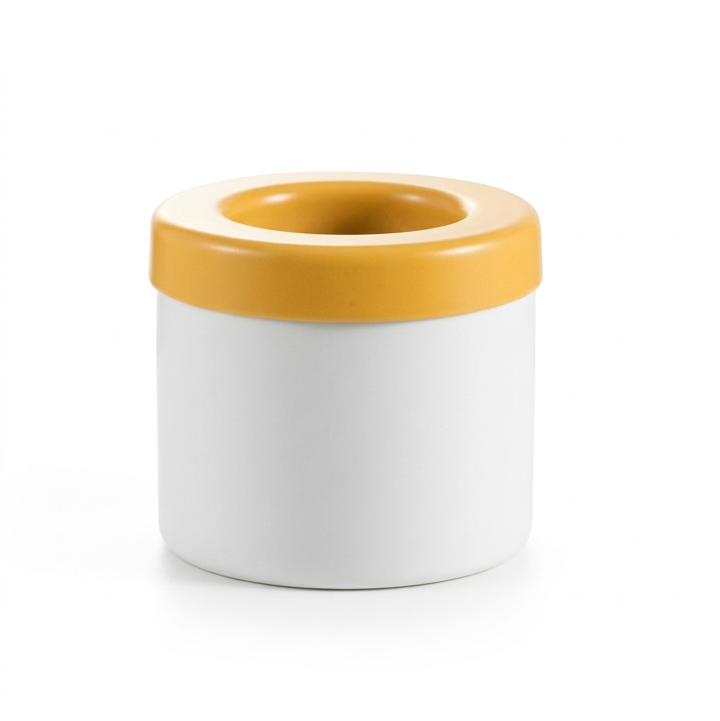 Cylindrical container with a white base and yellow top on a white background